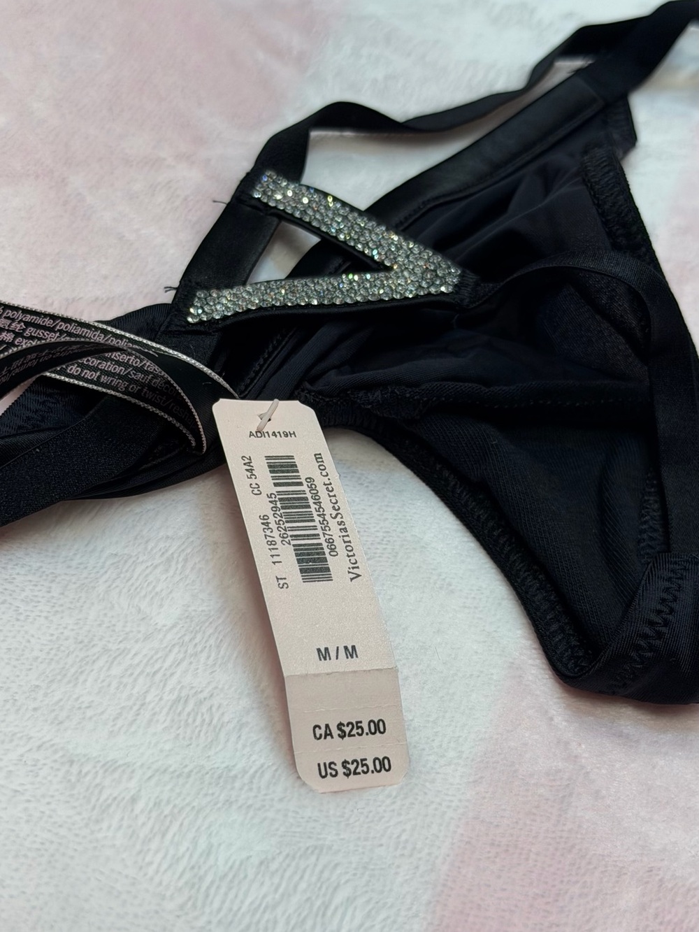 Victoria’s Secret Black Satin Rhinestone V-String size M